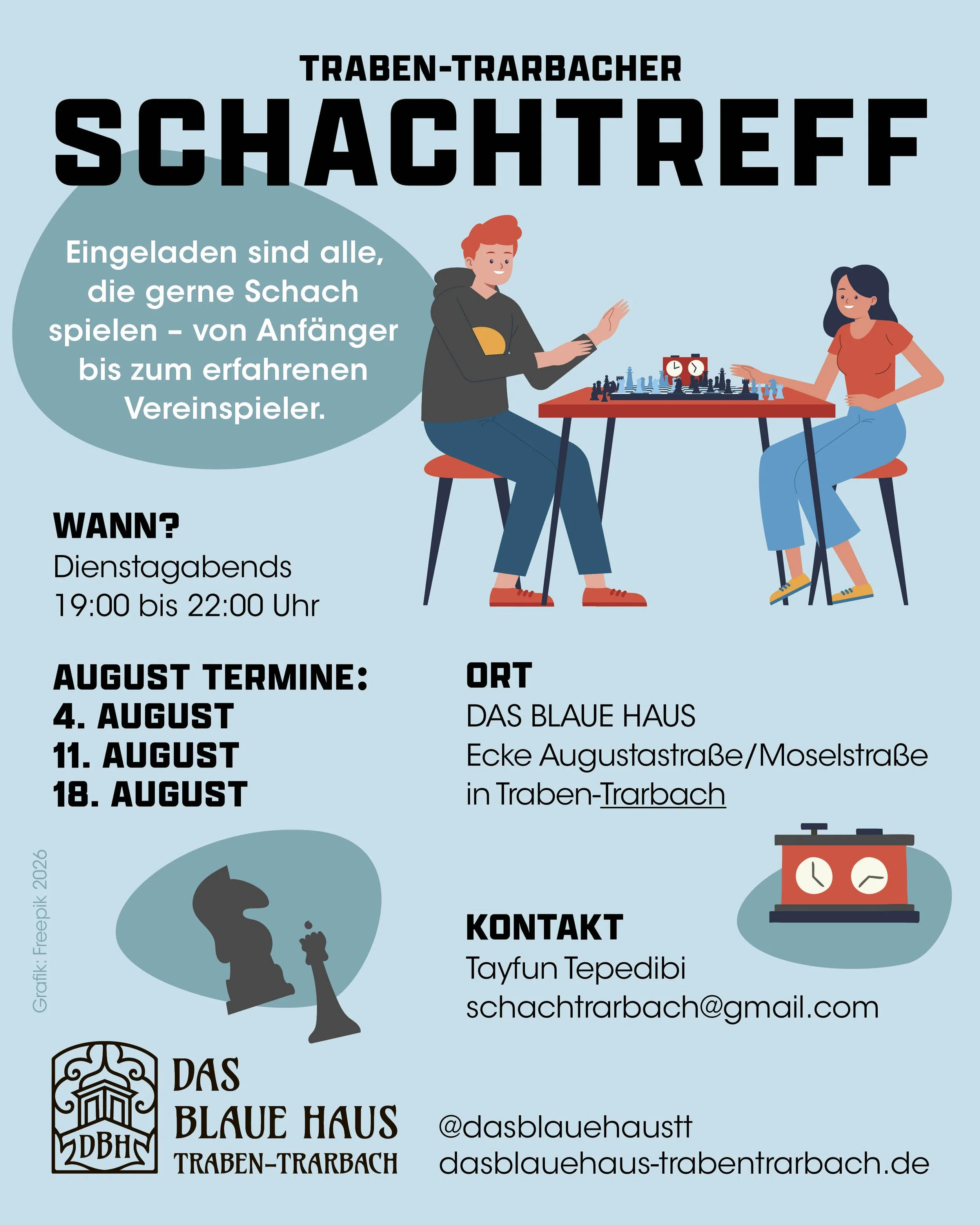 SCHACHTREFF, Dienstags um 19.00-22.00 Uhr — August Termine 