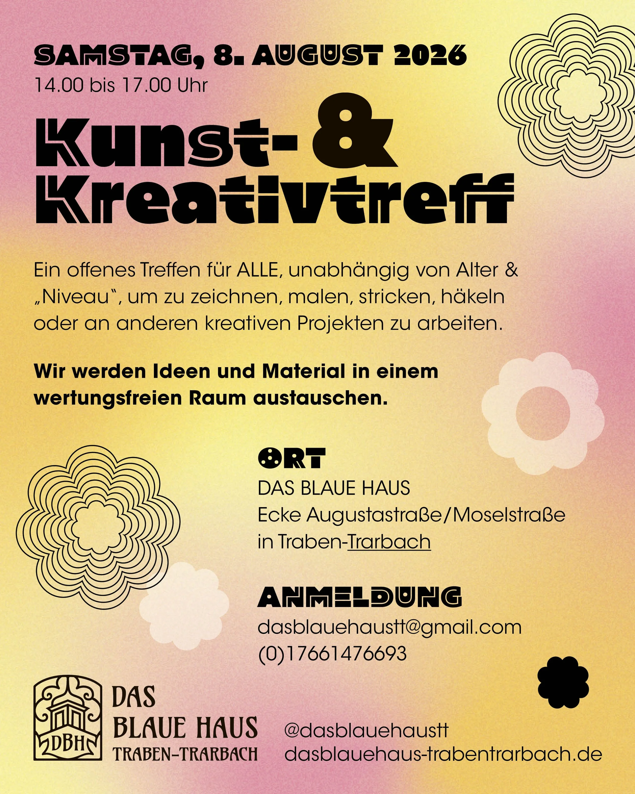 KUNST- UND KREATIVTREFF im Blauen Haus– Samstag der 8. August 2026 um 14.00 - 17.00 Uhr