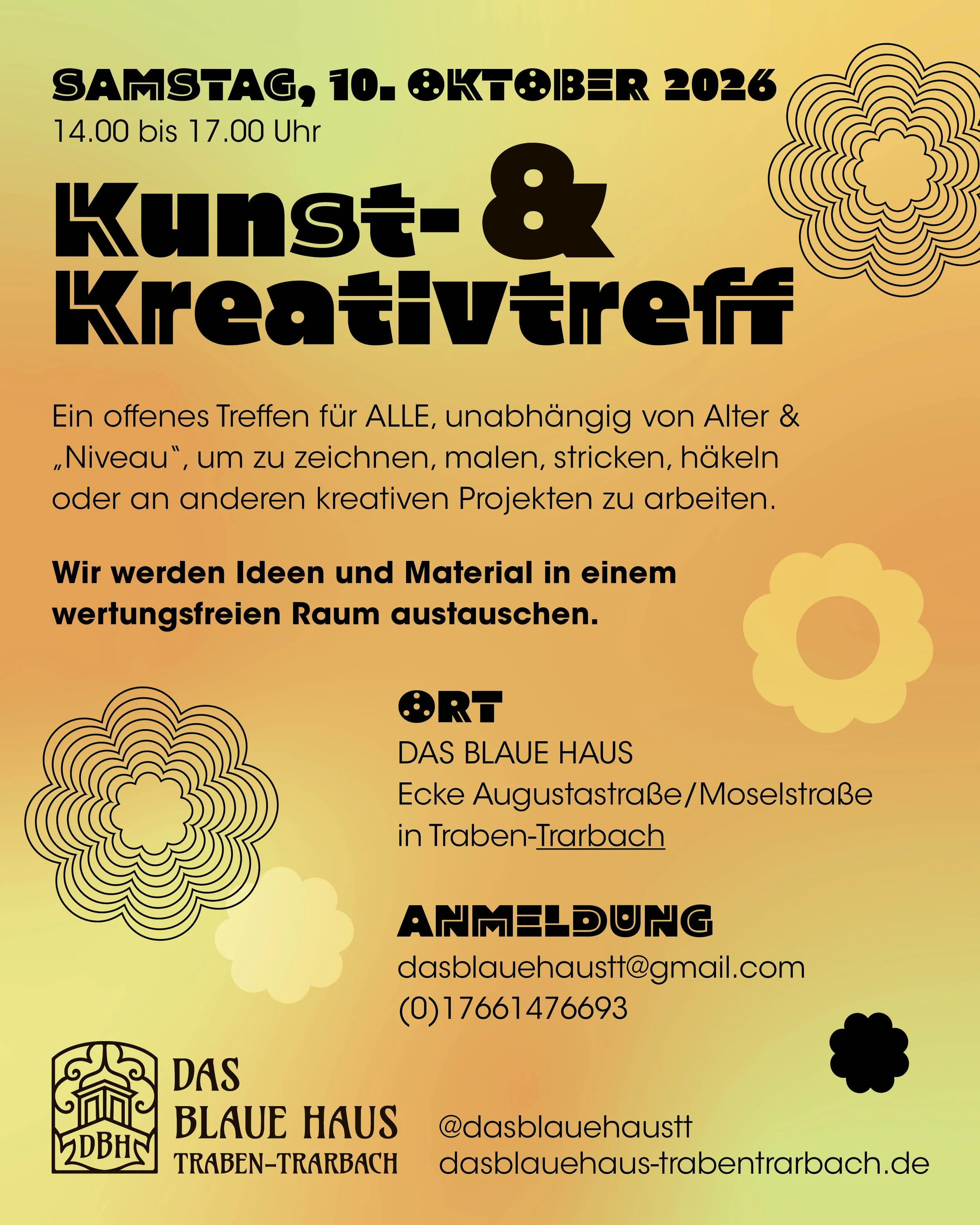 KUNST- UND KREATIVTREFF im Blauen Haus– Samstag der 10. Oktober 2026 um 14.00 - 17.00 Uhr