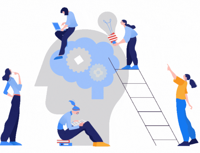Illustration of five people collaborating around a human head silhouette with a cloud and gear icons in the brain area. One person is sitting on a large book, another is on a ladder reaching into the brain, a third is holding a lit bomb, and the remaining two are standing and pointing, symbolizing ideas and brainstorming.