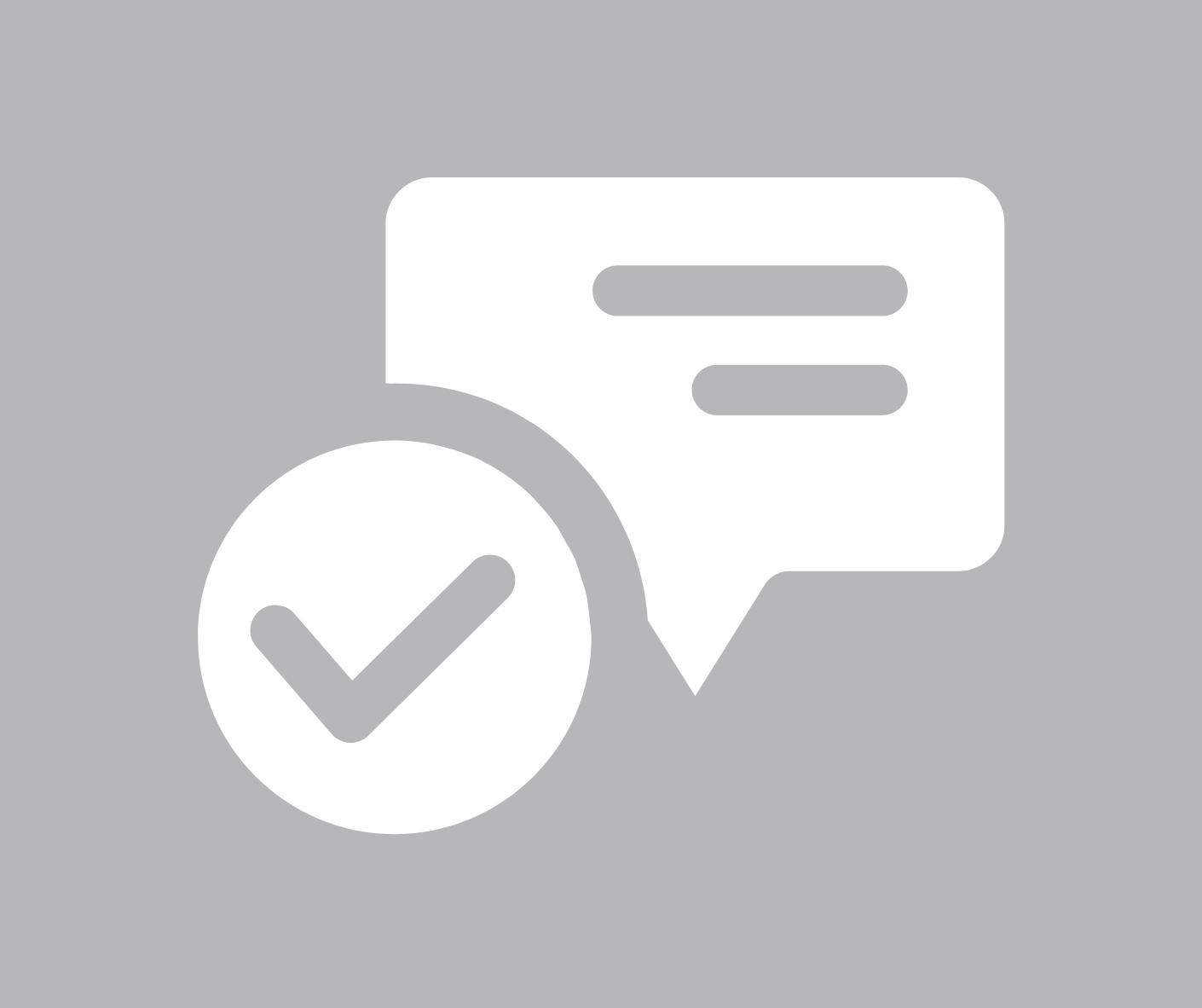 Placeholder image with a checkmark inside a circle and a speech bubble with two lines of text, all in gray