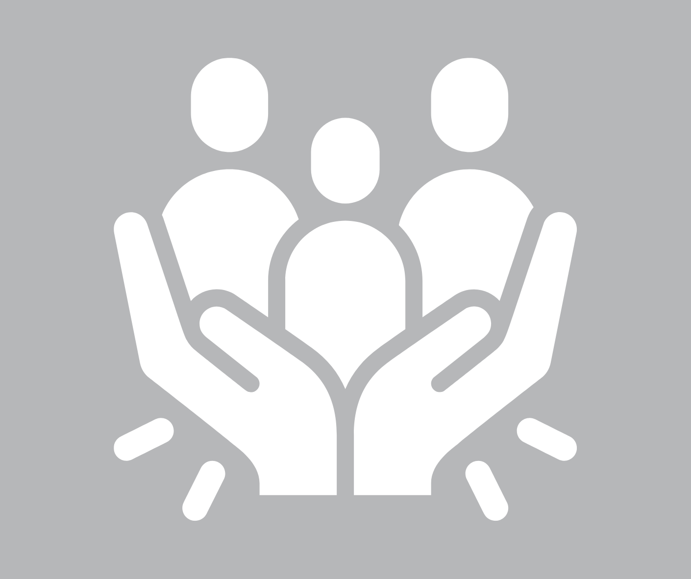 Icon of two hands holding three people, symbolizing community or support.