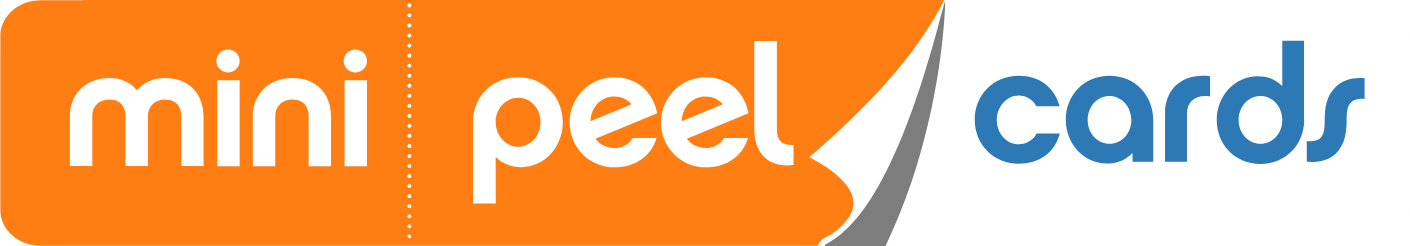 A set of mini peel cards with a peel tab partially opened, revealing the flashing white and gray backing.