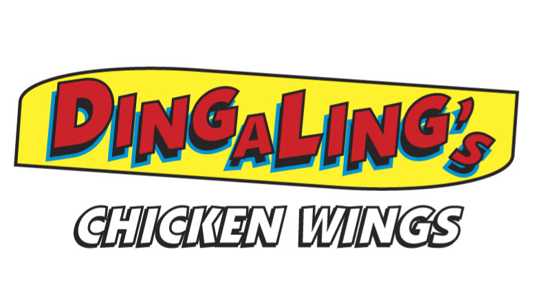 Logo for Dingaling's Chicken Wings with colorful text on a yellow banner and black background