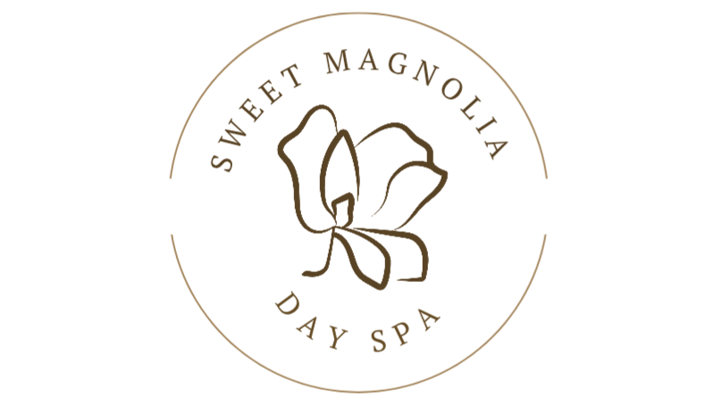 Logo for Sweet Magnolia Day Spa featuring a simple line drawing of a magnolia flower with the text "Sweet Magnolia Day Spa" encircling it.