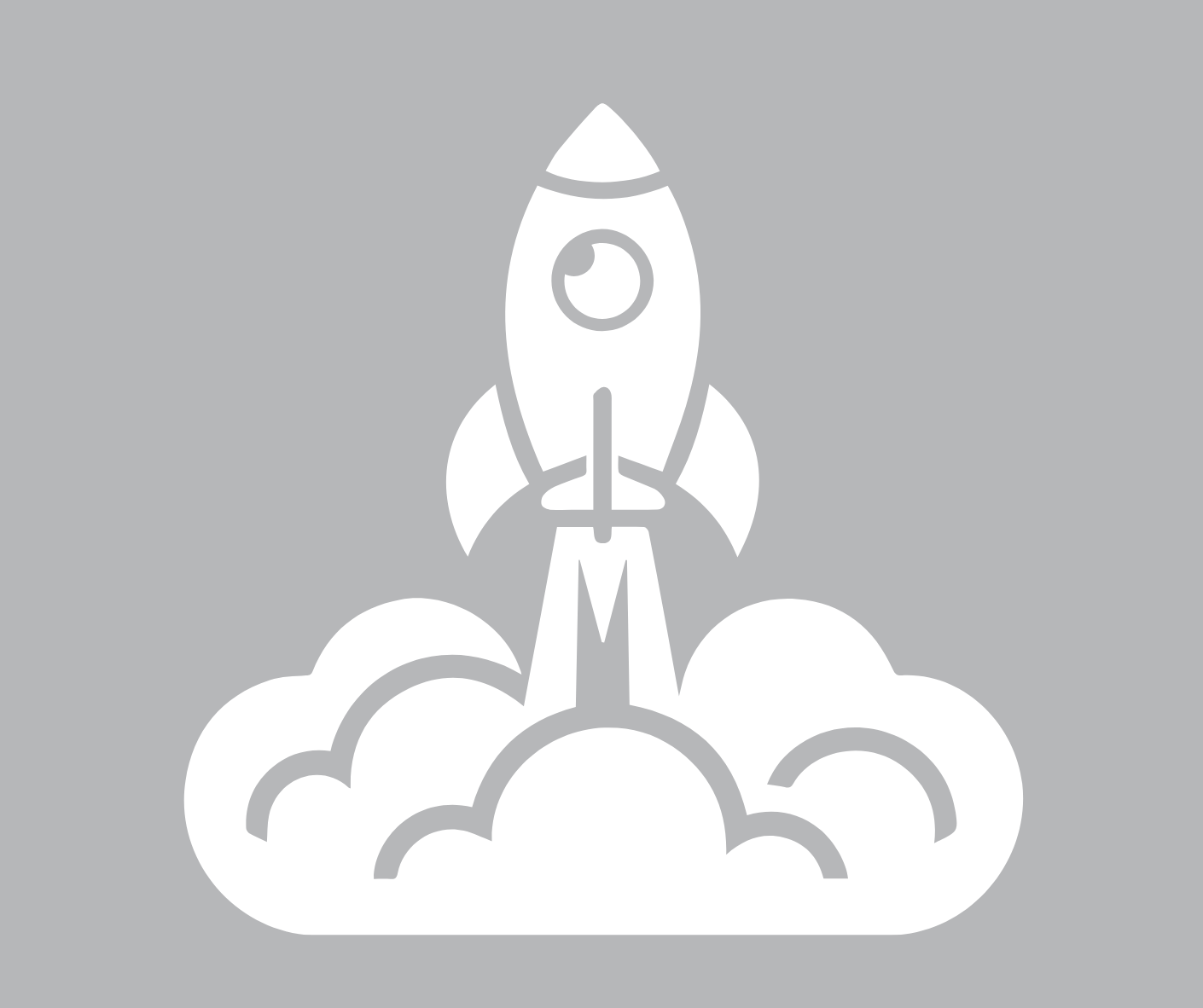 Illustration of a spaceship launching with smoke clouds beneath it.