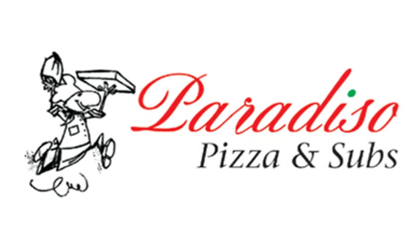 Logo of Paradiso Pizza & Subs with a cartoon chef carrying a pizza and a drink, featuring red and black text on a white background.