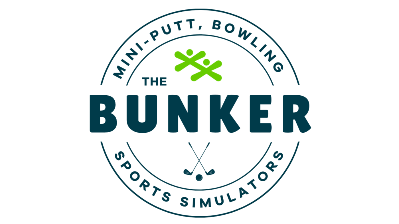 Logo for The Bunker Mini-Putt, Bowling, and Sports Simulators featuring green crossed golf clubs, two black crossed hockey sticks, and black text.