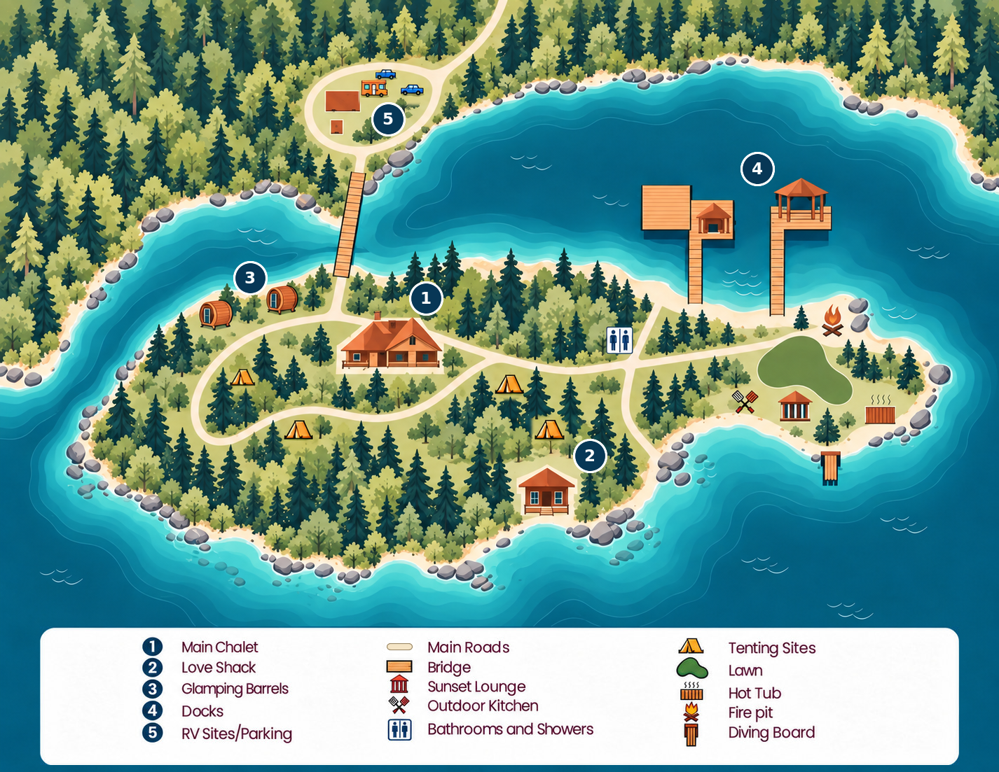 Illustrated map of Sunset Island Resort with five numbered places and a three-column legend naming 15 locations