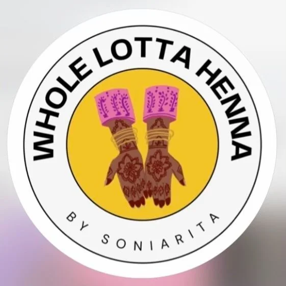 A circular logo with a yellow background and pink and brown gloves in the center. The text "WHOLE LOTTA HENNA" is written around the top, and "BY SONIARITA" is written around the bottom.