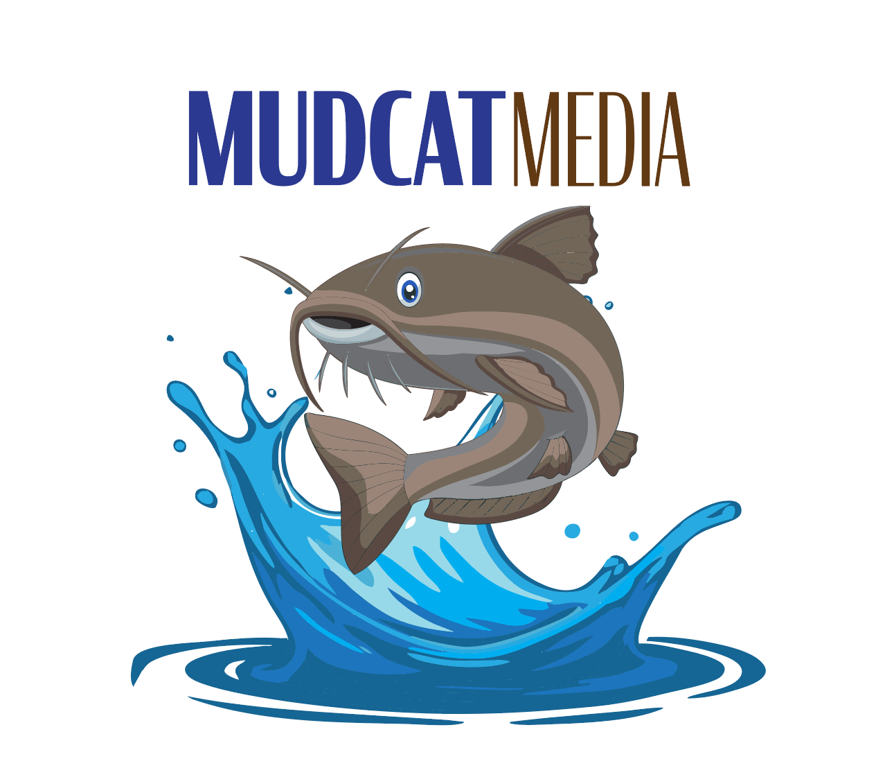Logo for Mudcat Media showing a cartoon catfish leaping out of water with blue splash, with the words 'Mudcat Media' above.