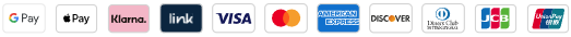 Payment method icons including Apple Pay, Klarna, Link, Visa, Mastercard, American Express, Discover, and others.