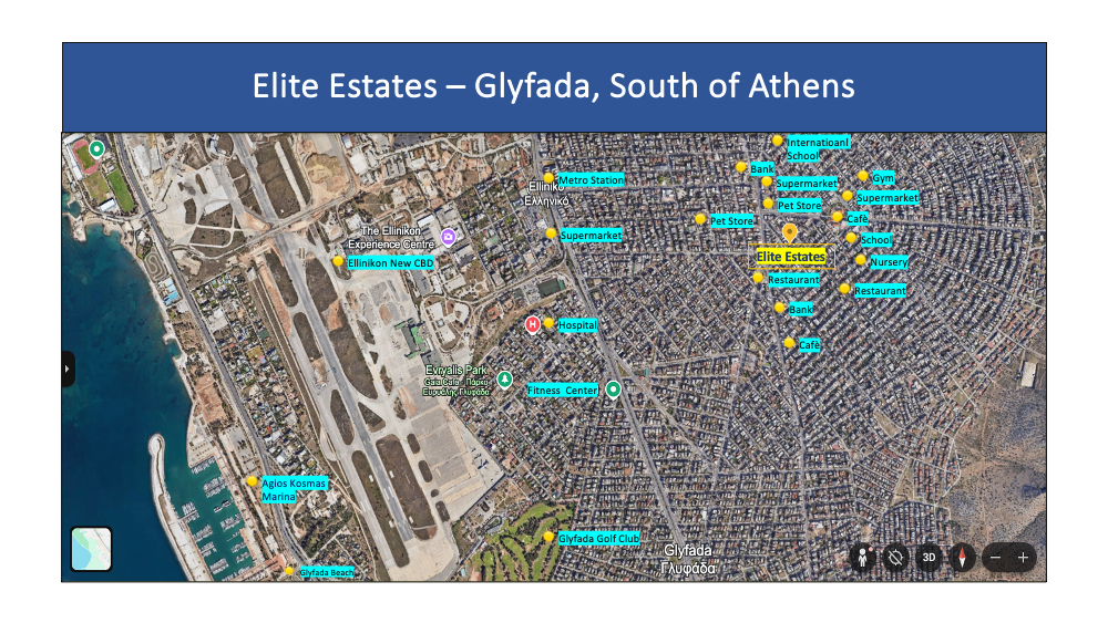 Map of Glyfada, South of Athens, highlighting Elite Estates with nearby landmarks such as the airport, beach, marina, supermarkets, banks, schools, hospitals, gyms, and restaurants.