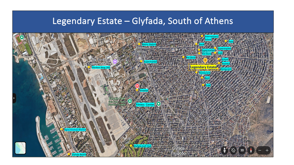 Map of Glyfada, South of Athens, highlighting locations like Legendary Estate, Glyfada Beach, Agios Kosmas Marina, Glyfada Golf Club, and various shops, restaurants, and amenities.