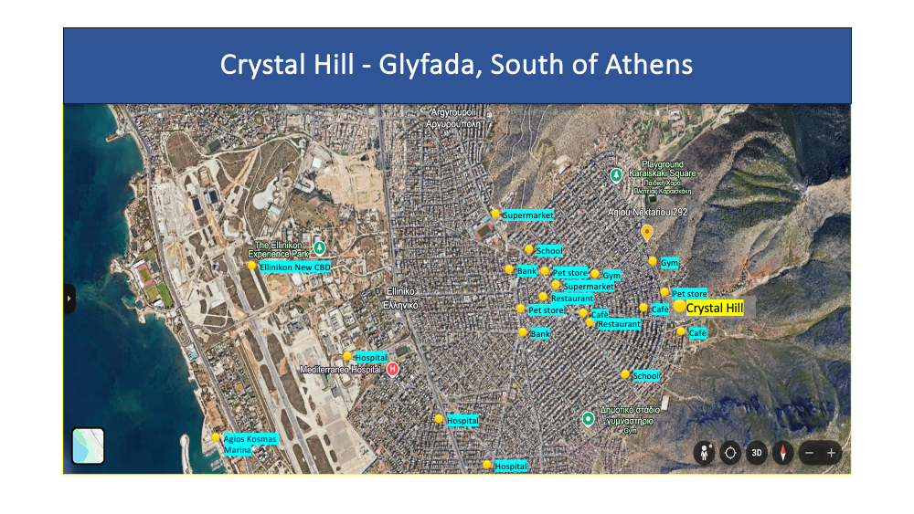 Map of Crystal Hill area south of Athens, showing landmarks and facilities like supermarkets, schools, hospitals, cafes, gyms, pet stores, banks, and parks with labels for each.
