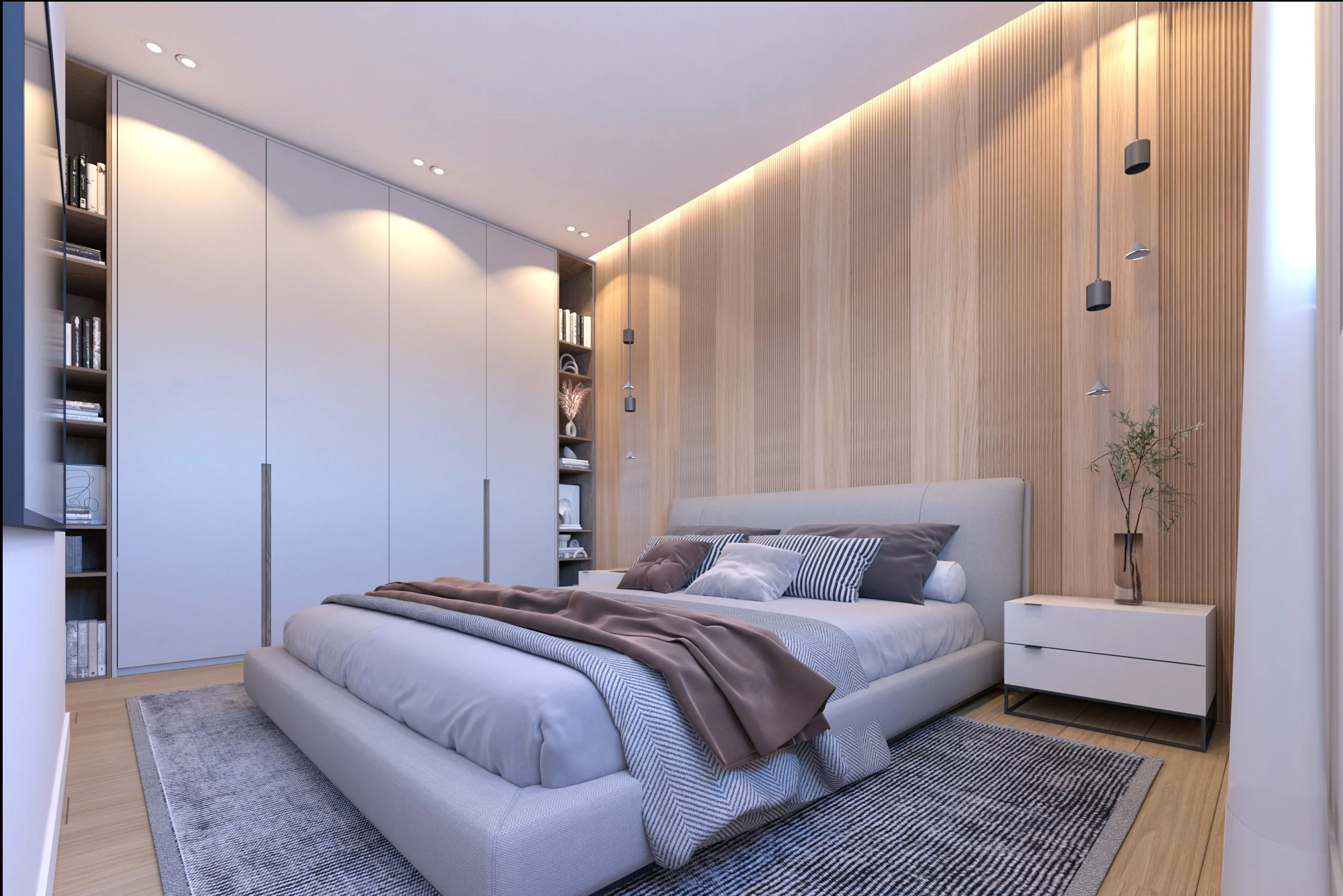 Modern bedroom with a large bed, beige headboard, gray and striped pillows, brown and gray blankets, a white nightstand with a glass vase and plant, built-in white wardrobes, wooden accent wall, pendant lights, and a patterned rug.