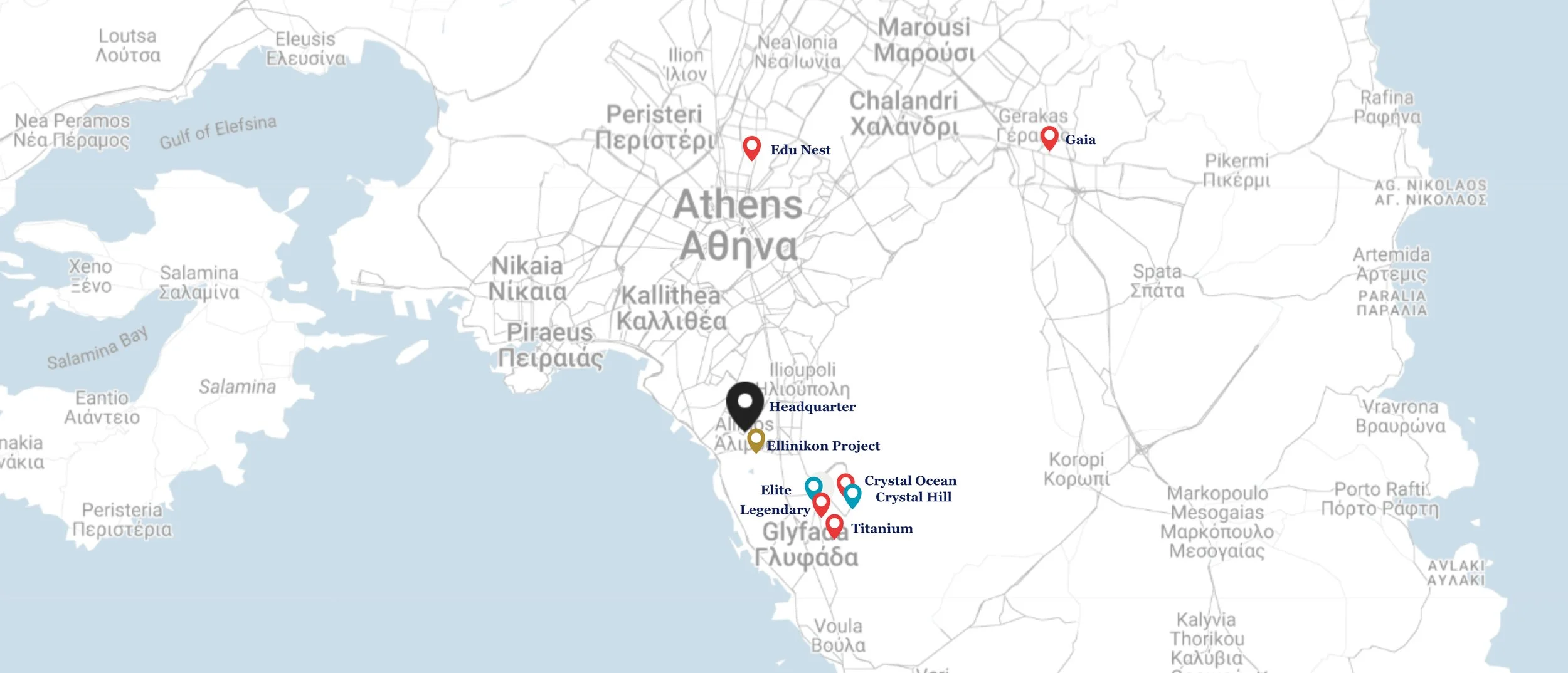 Map of Athens, Greece, showing various marked locations on the southern coast, including labels for 'Headquarter,' 'Ellinikon Project,' 'Legendary,' 'Elite,' 'Titanium,' 'Crystal Ocean,' and 'Crystal Hill.'