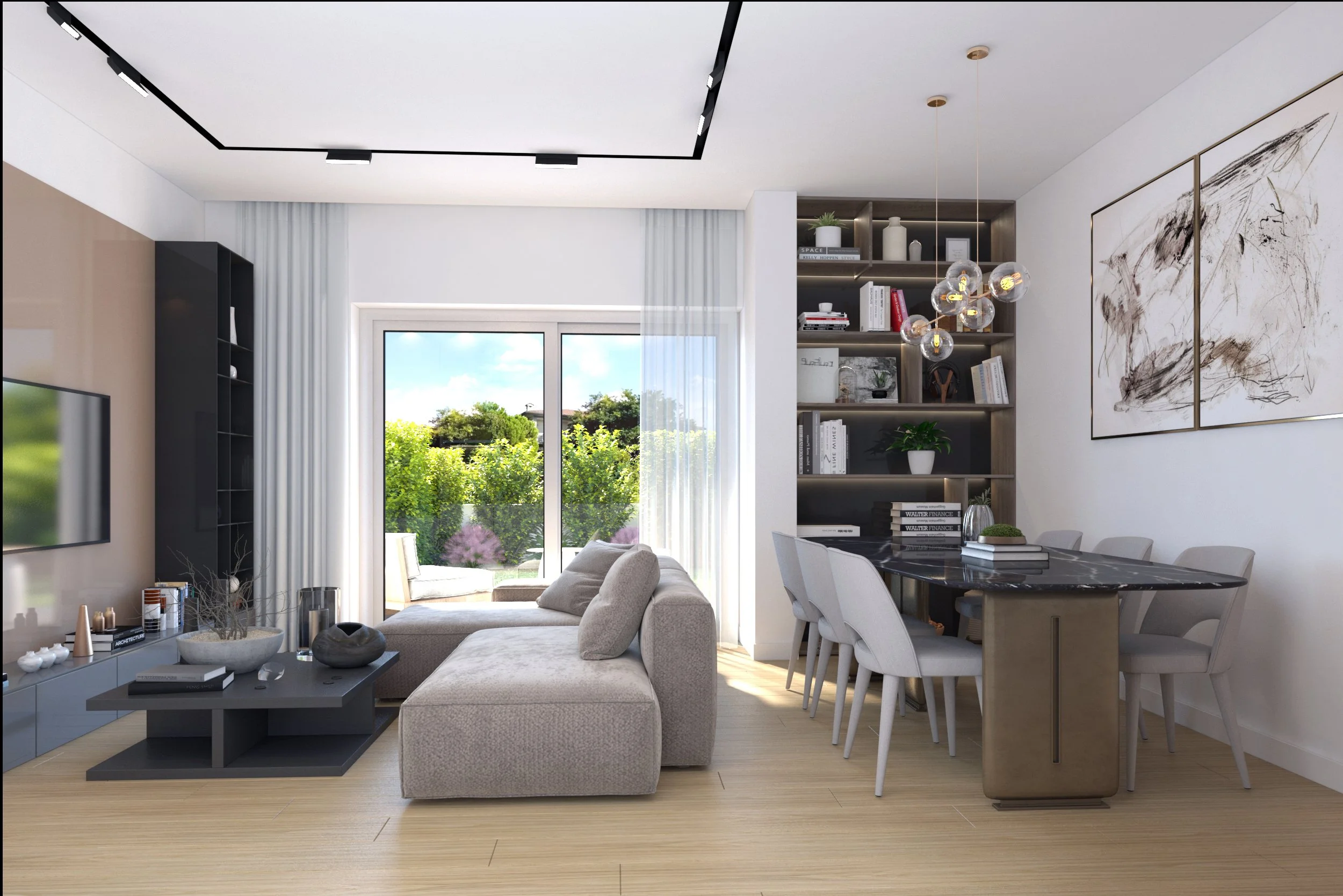 Modern living room with a beige sectional sofa, a black coffee table, a window with a view of greenery, a wall-mounted TV, a bookcase with decor items, and a dining table with white chairs, artwork on the wall, and pendant lighting.