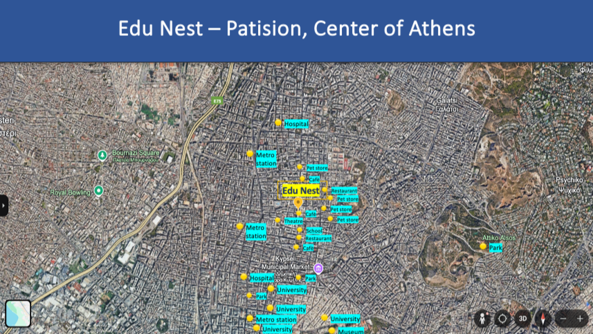 Map of Patision, Athens, highlighting Edu Nest and nearby landmarks including hospitals, metro stations, parks, universities, schools, restaurants, pet stores, a theater, and a municipal market.