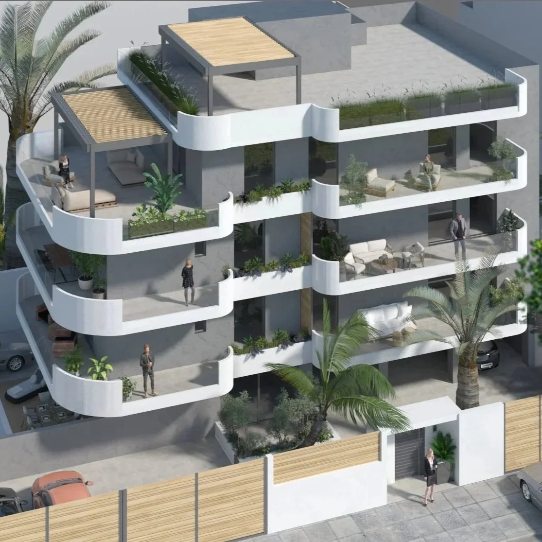Modern multi-story residential building with curved balconies, outdoor furniture, palm trees, and people on the balconies and ground level.