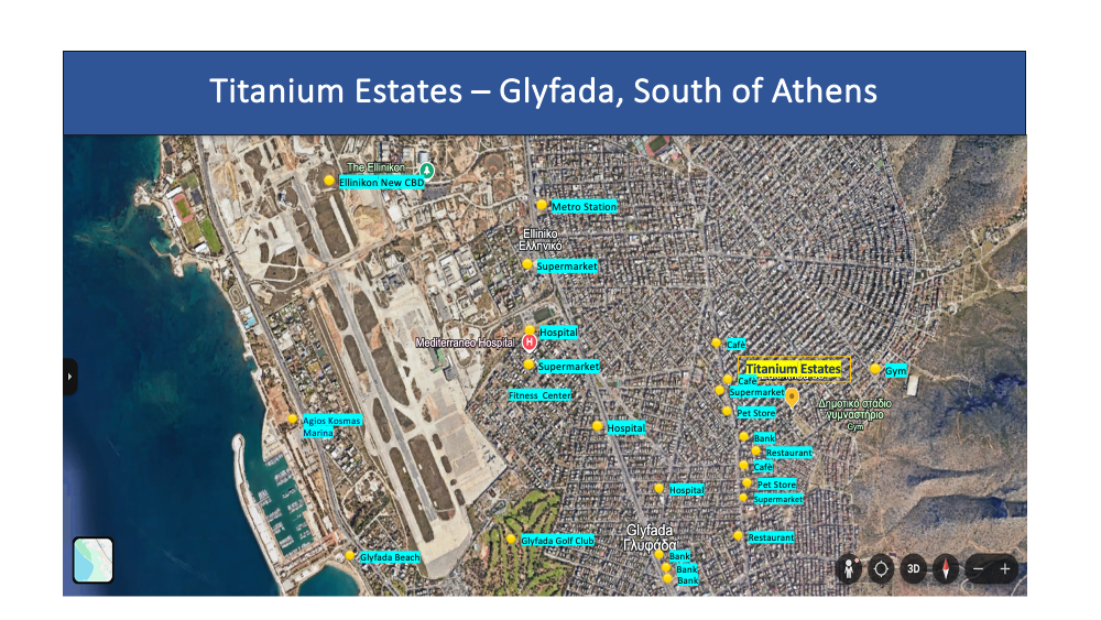 Map of Titanium Estates in Glyfada, South of Athens, showing nearby landmarks including a golf club, beach, supermarkets, hospitals, gyms, banks, restaurants, cafes, pet store, and metro station.