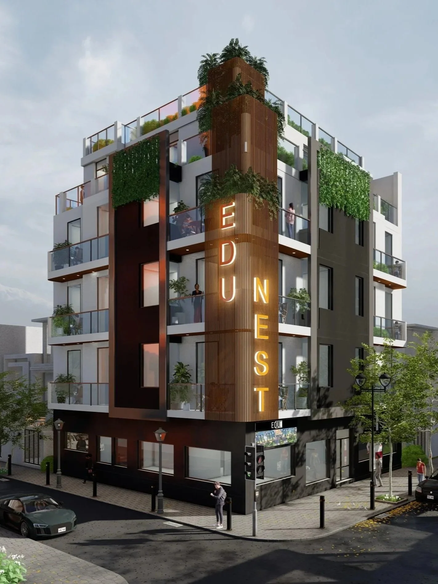 A modern multi-story building with a vertical sign that reads 'EDU NEST' in illuminated letters.