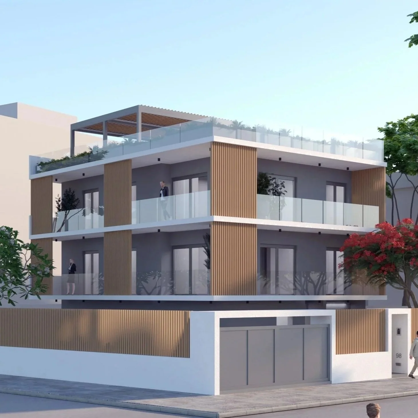 Modern three-story residential building with large glass windows, balconies with glass railings, and wooden vertical panel accents, surrounded by trees and a sidewalk.