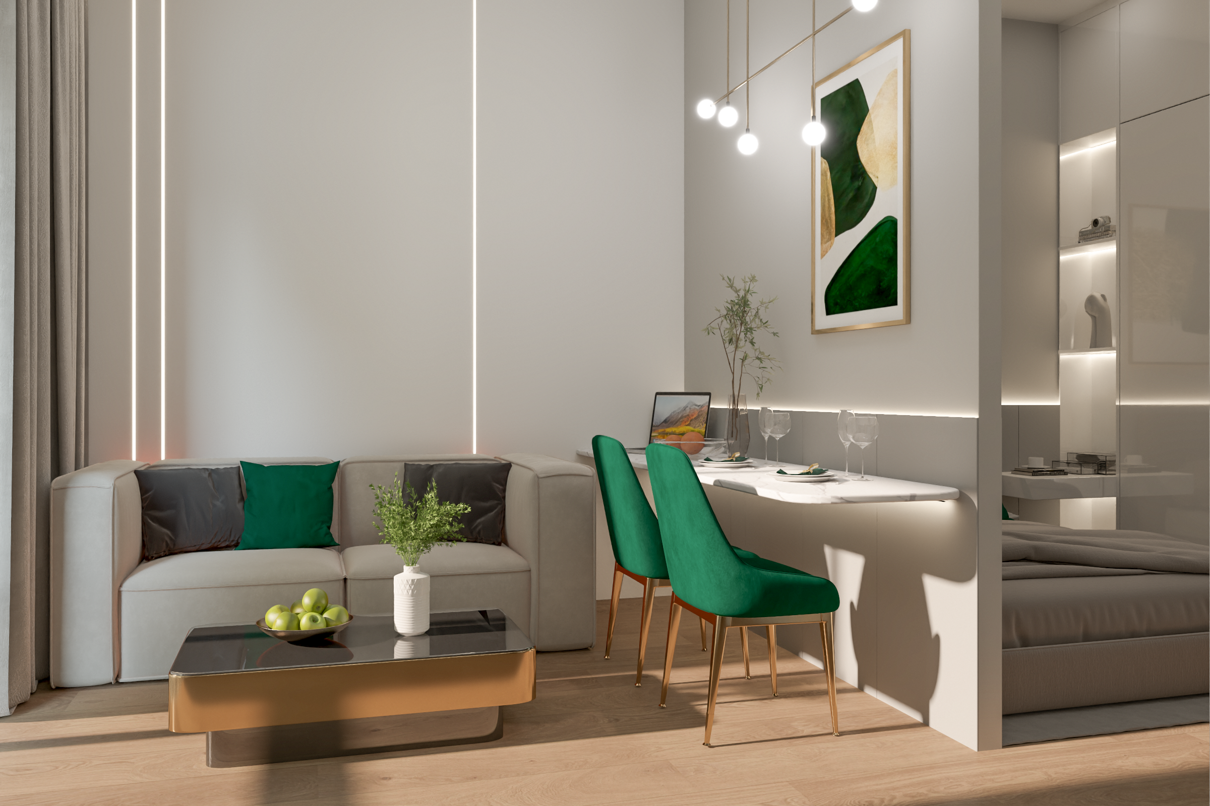 Modern living room with white sofa, green and black pillows, gold and black coffee table with green apples, green chairs at a white dining table set with glassware, potted plant, wall art, and minimalist lighting.