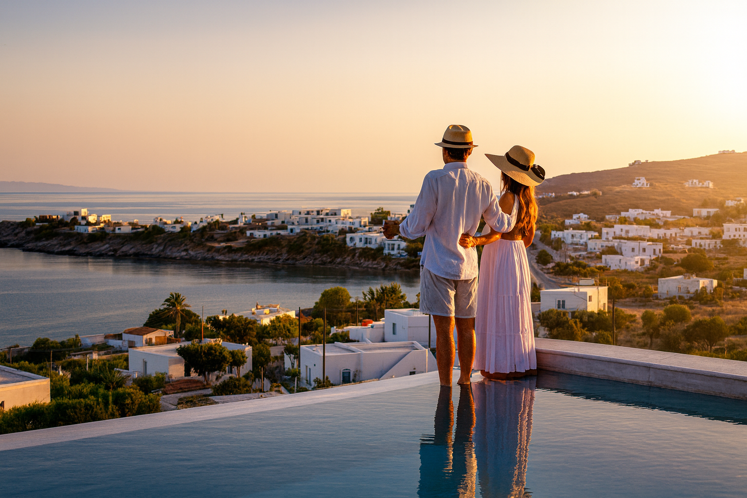 A couple stands by an infinity pool overlooking a coastal town with white buildings at sunset, holding hands.
