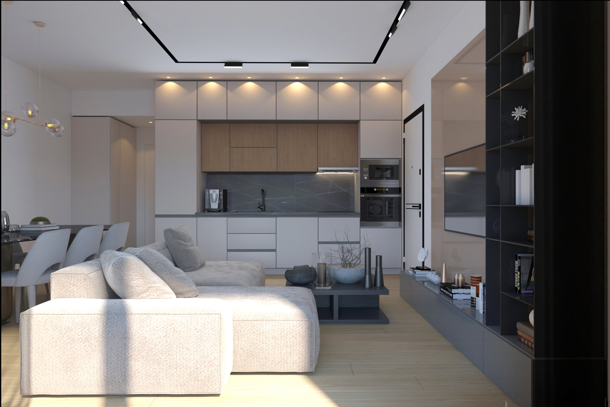 Modern open-concept living room and kitchen with white and wood cabinetry, gray backsplash, beige sofa with pillows, black shelving unit, and dining area with white chairs.