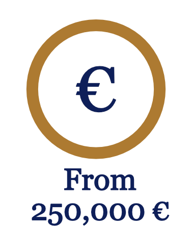 A graphic illustration of a euro coin with the text 'From 250,000 €' beneath it.