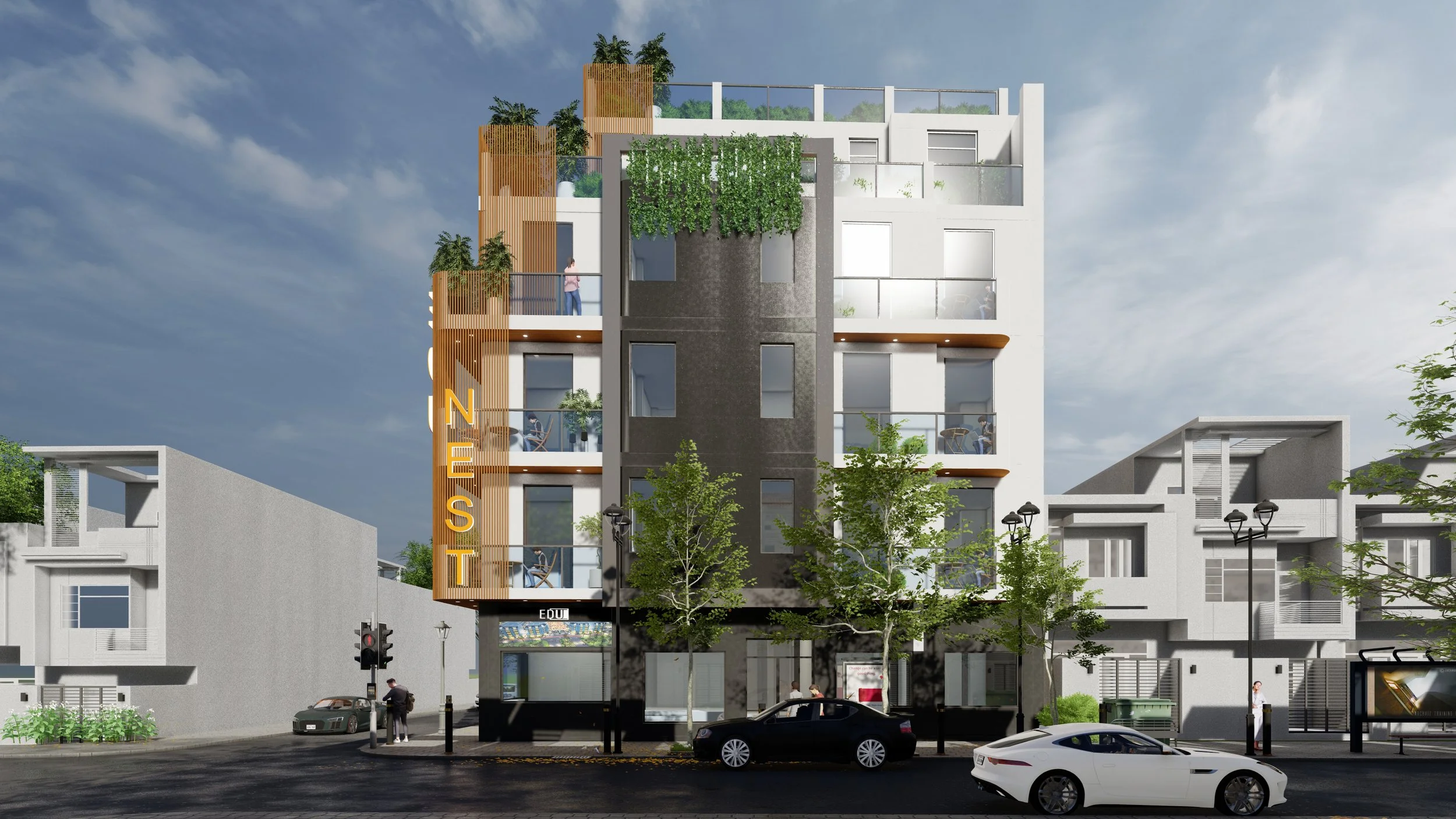 Modern multi-story building on city street with trees, parked cars, pedestrians, and a bus stop.
