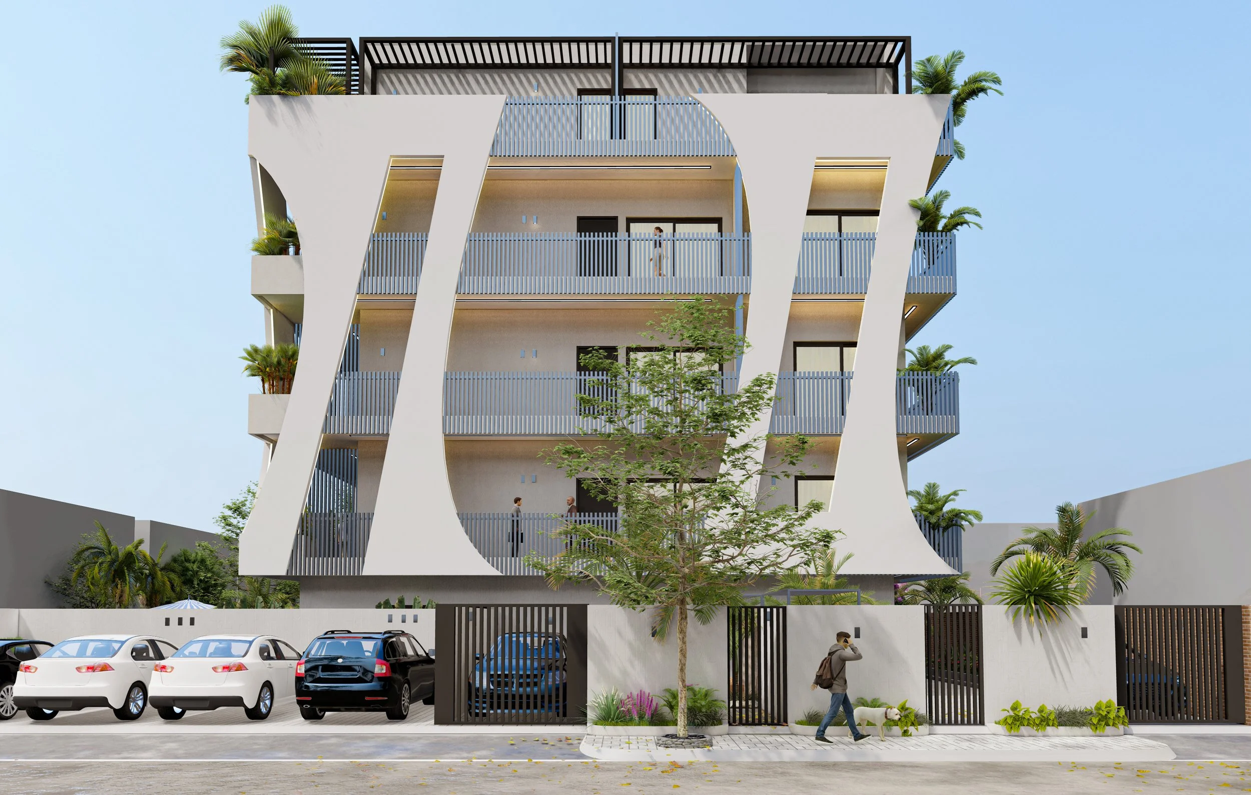 Modern multi-story building with balconies and greenery, featuring a large artistic structure with curved elements on the facade. Cars are parked in front, and a person walks a dog along the sidewalk.
