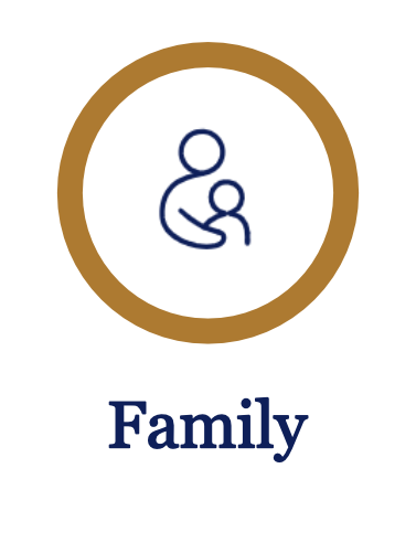 Icon of a caregiver holding a child, encircled by a brown border, with the word 'Family' below in blue.