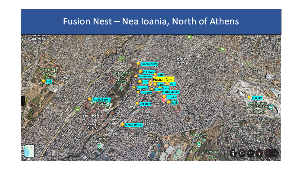 Map of Nea Ioania, North of Athens, highlighting locations such as supermarkets, pet stores, gyms, restaurants, a football arena, metro stations, banks, hospitals, a stadium, and the stadium of Athens.