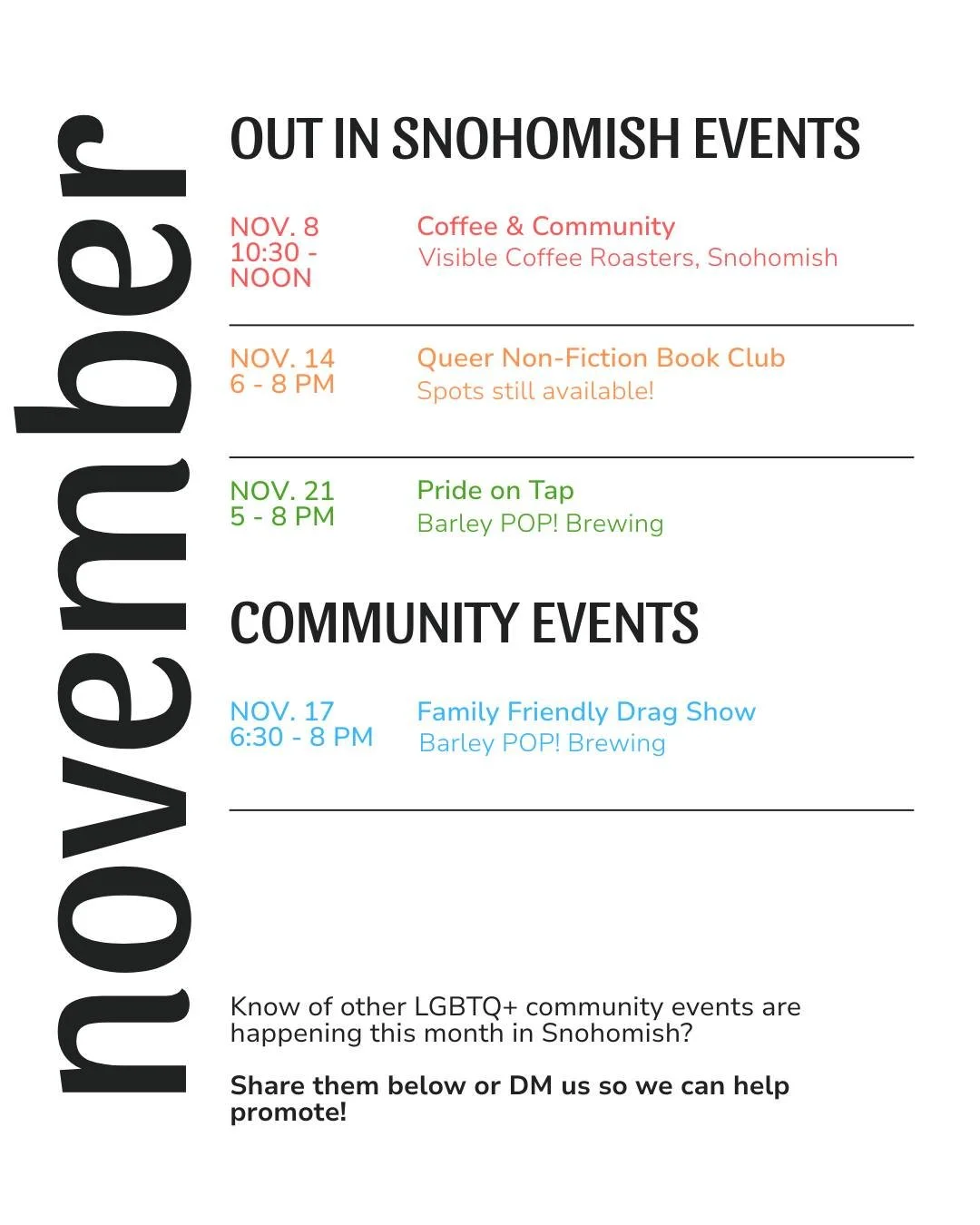 🗓️🌈 What&rsquo;s Happening in November! 🌈🗓️

From book clubs to drag shows, coffee meetups to Halloween celebrations, November is packed with events for our LGBTQ+ community and allies! 💖

Check out all of our upcoming events &mdash; and local c