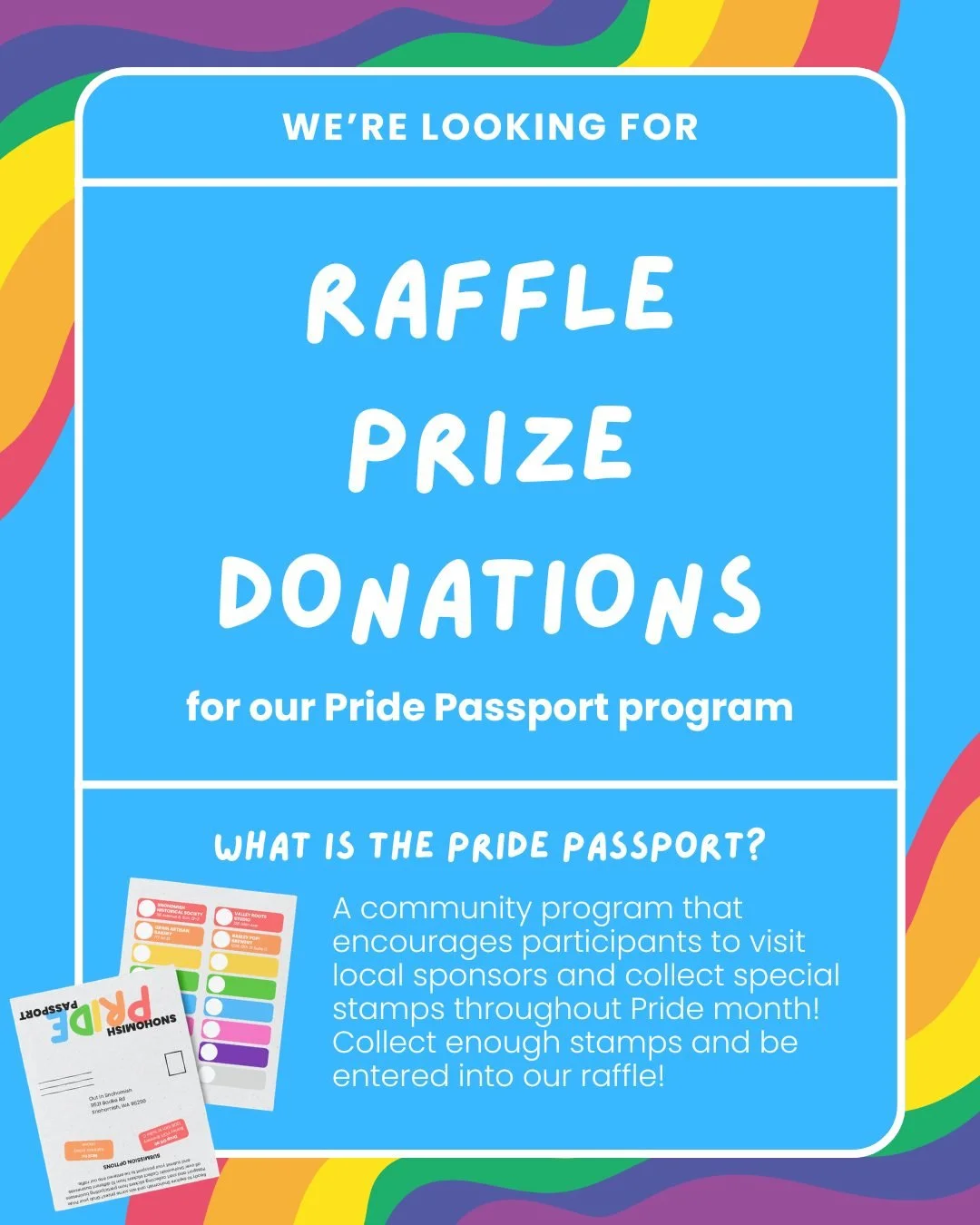 Introducing our new Pride Passport program! 🌈 Visit participating local businesses throughout Pride, and for every stop you make, you&rsquo;ll earn a raffle ticket&mdash;more visits = more chances to win!

We&rsquo;re currently looking for raffle pr