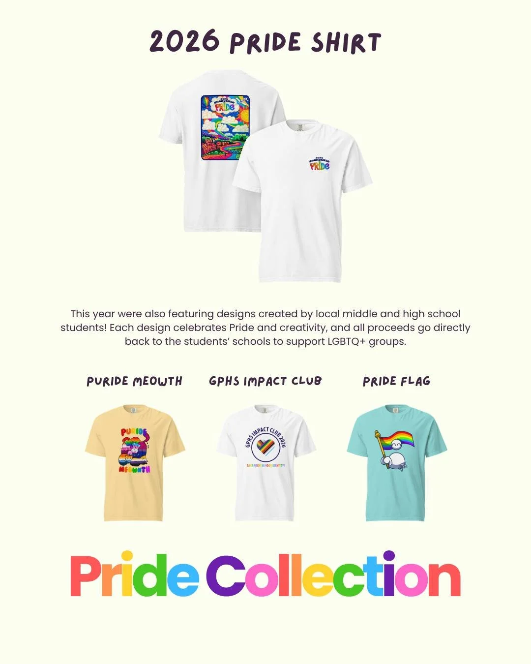 Our Pride t-shirts are officially available! 🌈

Alongside this year&rsquo;s main Pride shirt, we&rsquo;re also featuring special student-designed shirts created by local middle and high school students&mdash;each one celebrating Pride, creativity, a