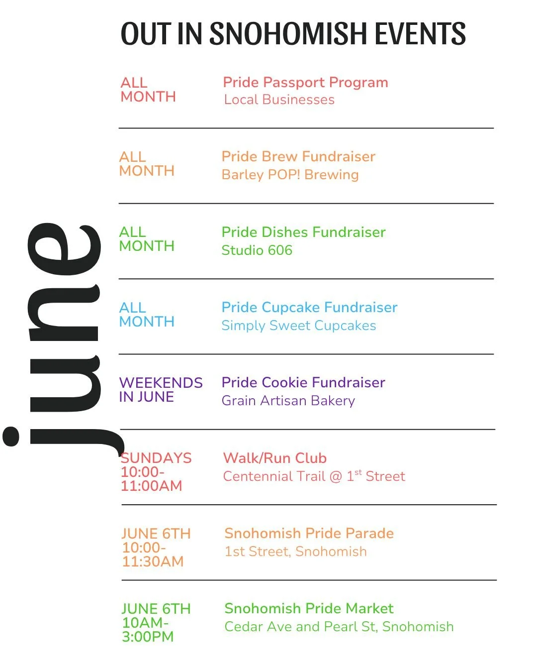 Pride Month is here and there is SO much happening in Snohomish this month! 🌈✨

From community gatherings and drag shows to yoga, book clubs, markets, art, and more, we&rsquo;re so excited to celebrate Pride all across our community.

Know of anothe