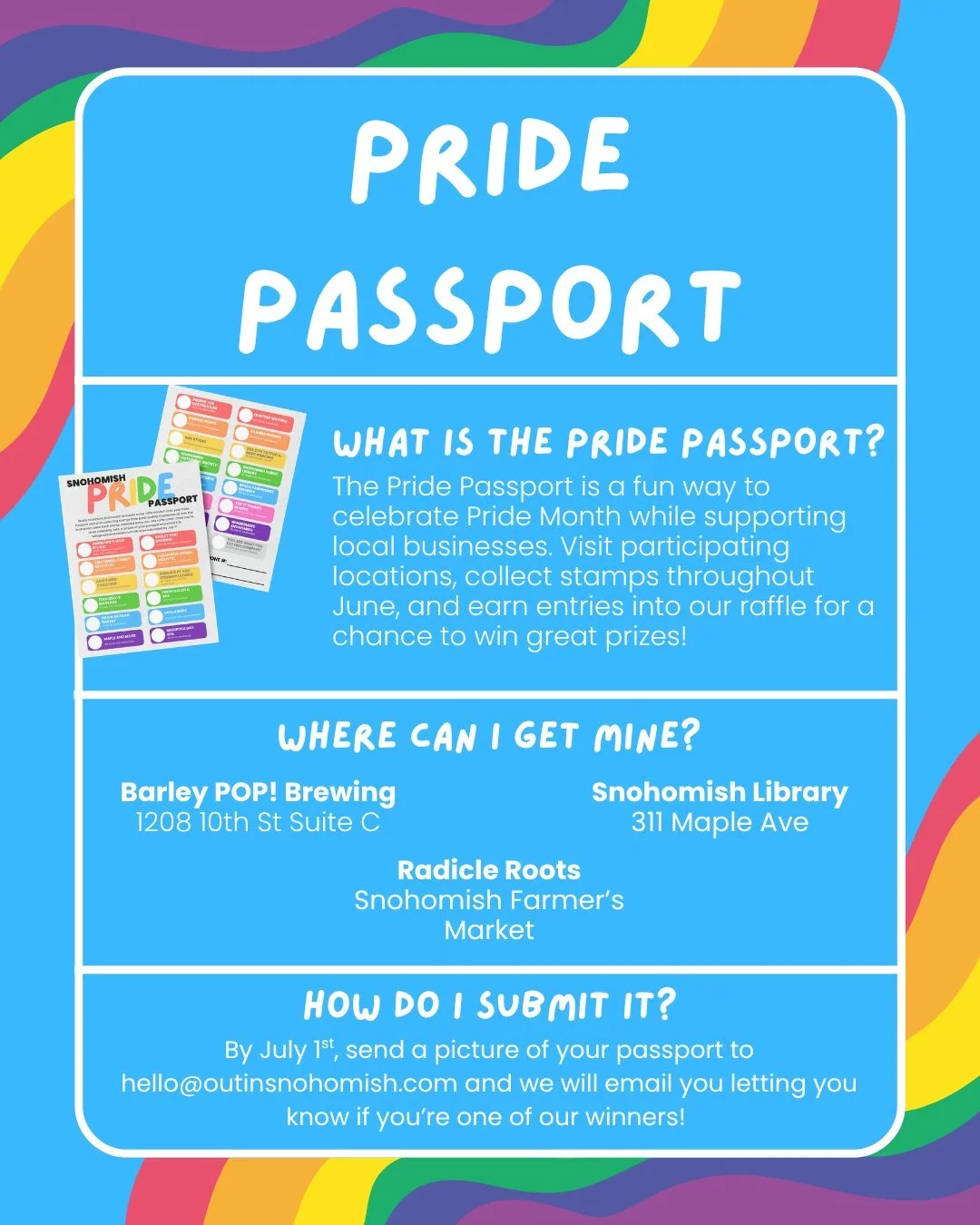🌈 Missed picking up a Pride Passport this weekend? No worries!

You can still grab one at:
📍 Barley Pop! Brewing
📍 Snohomish Library
📍 Radicle Roots's Farmers Market stand

Then start collecting stamps from participating businesses throughout the