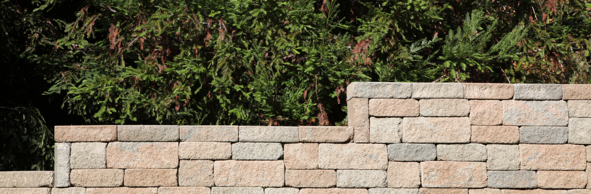 A stone brick wall with multiple shades of beige and gray, with a backdrop of green evergreen bushes.