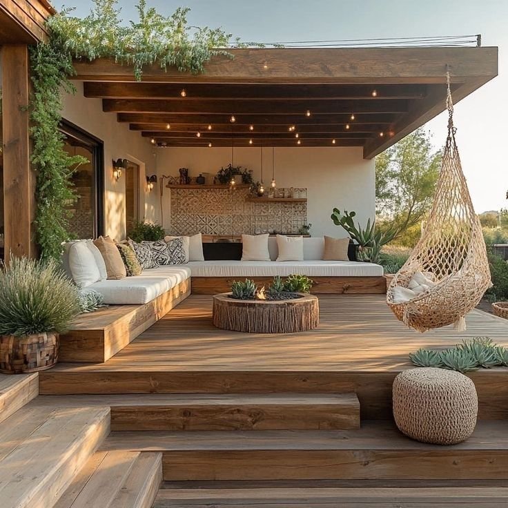 Outdoor patio with wooden deck, built-in L-shaped sofa with cushions, hanging swing chair, potted plants, and string lights under a wooden pergola.