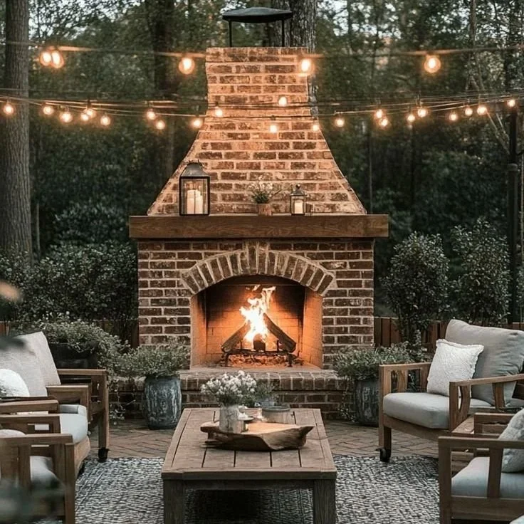 Outdoor patio with a large brick fireplace, string lights overhead, surrounded by lounge chairs, plants, and a wooden table, with a fire burning in the fireplace.