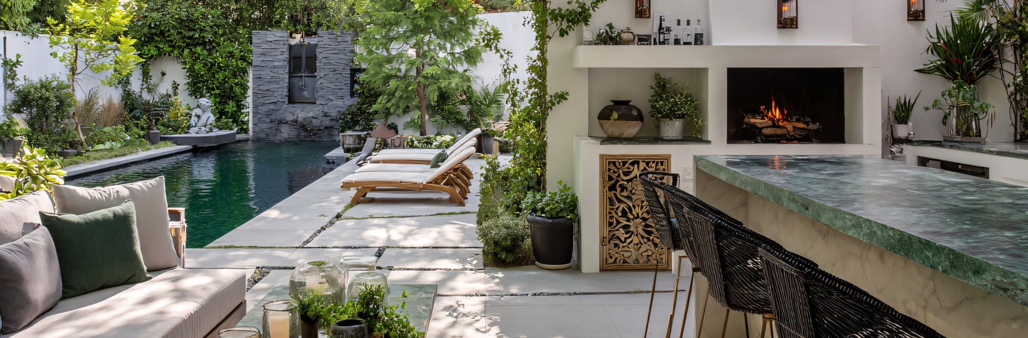 Outdoor living space with a swimming pool, lounge chairs, greenery, and a fireplace.