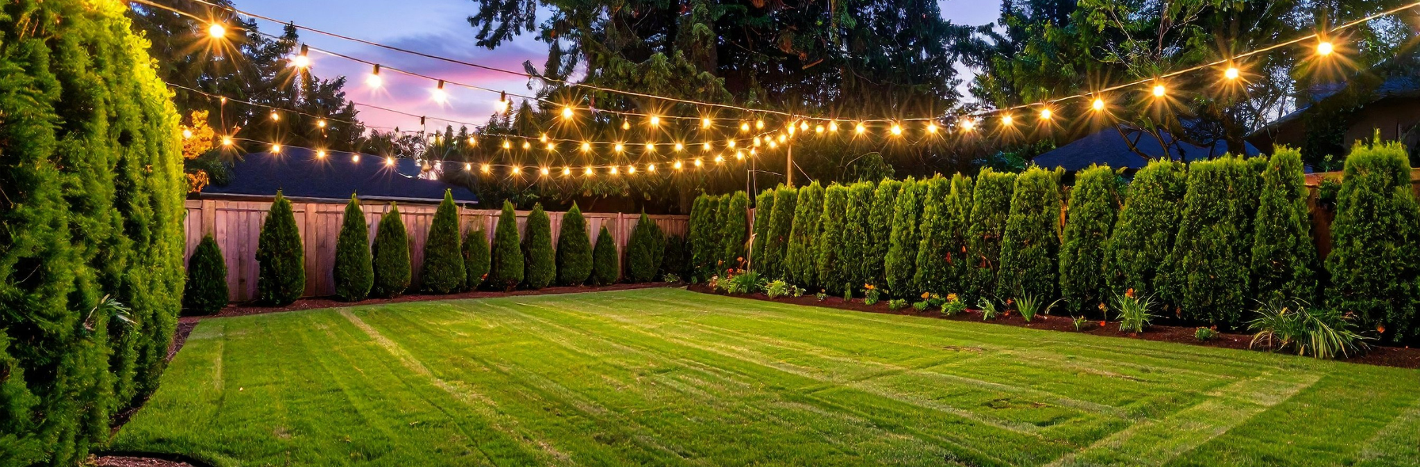 A backyard with a well-maintained lawn, surrounded by a wooden fence and various green trees. String lights are hanging across the yard, illuminated during dusk or early evening.