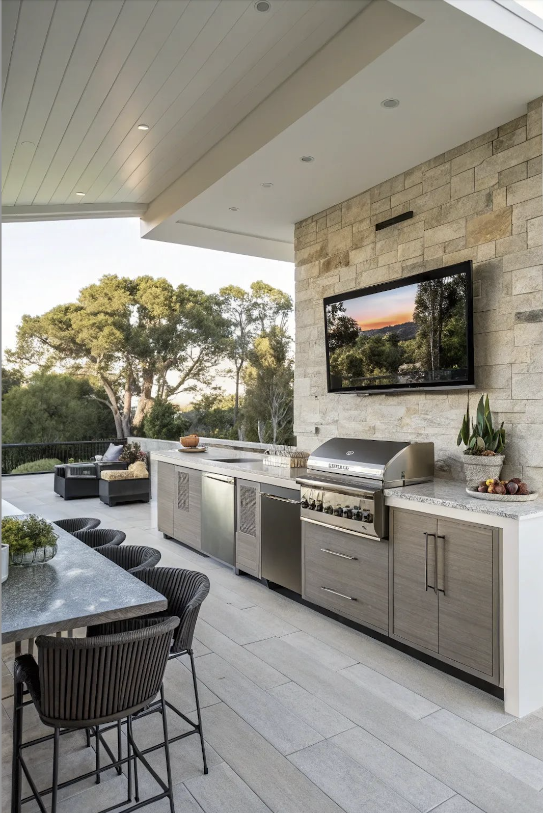 Outdoor patio with a mounted TV, stainless steel grill, and seating area, overlooking a lush, green landscape with trees.