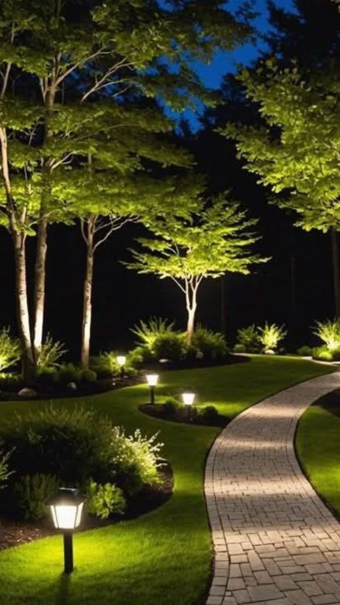 A well-lit garden pathway at night, with trees, shrubs, and small lights illuminating the scene.