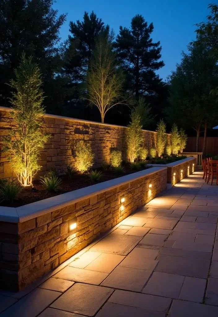 Outdoor garden area at night with a stone retaining wall illuminated by ground lights, small trees with lights at their bases, and tall trees in the background under a darkening sky.