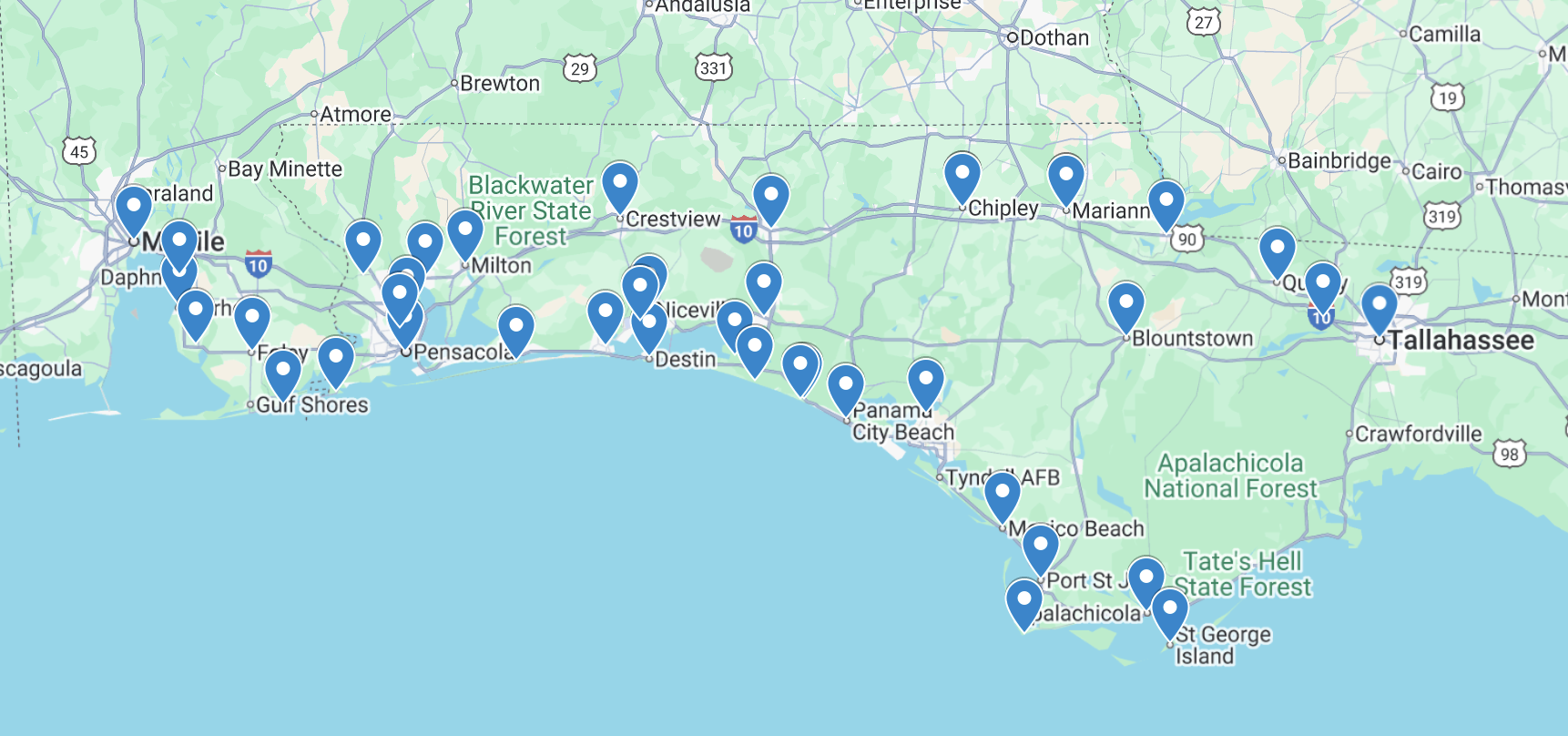 Service area map showing Trident Outdoor Solutions locations from Mobile AL to Tallahassee FL along the Gulf Coast.