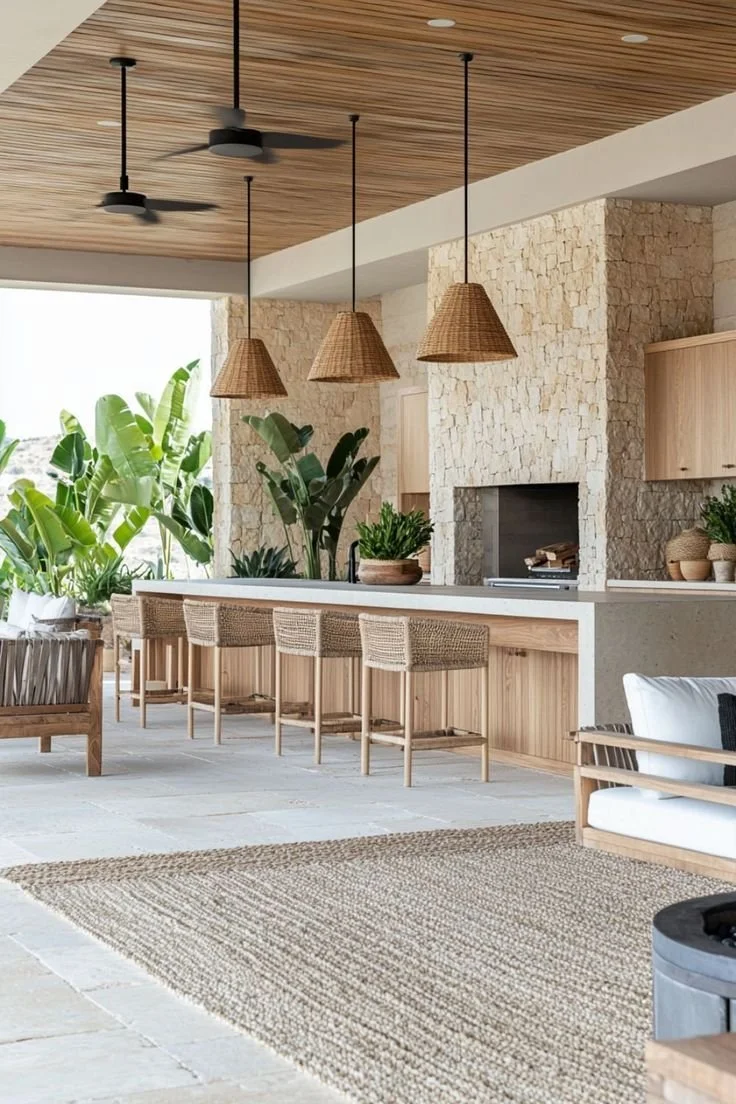 A spacious, open-concept indoor-outdoor living area with a wood ceiling, hanging pendant lamps, a stone fireplace, a kitchen island with barstools, and large leafy green plants near large windows.